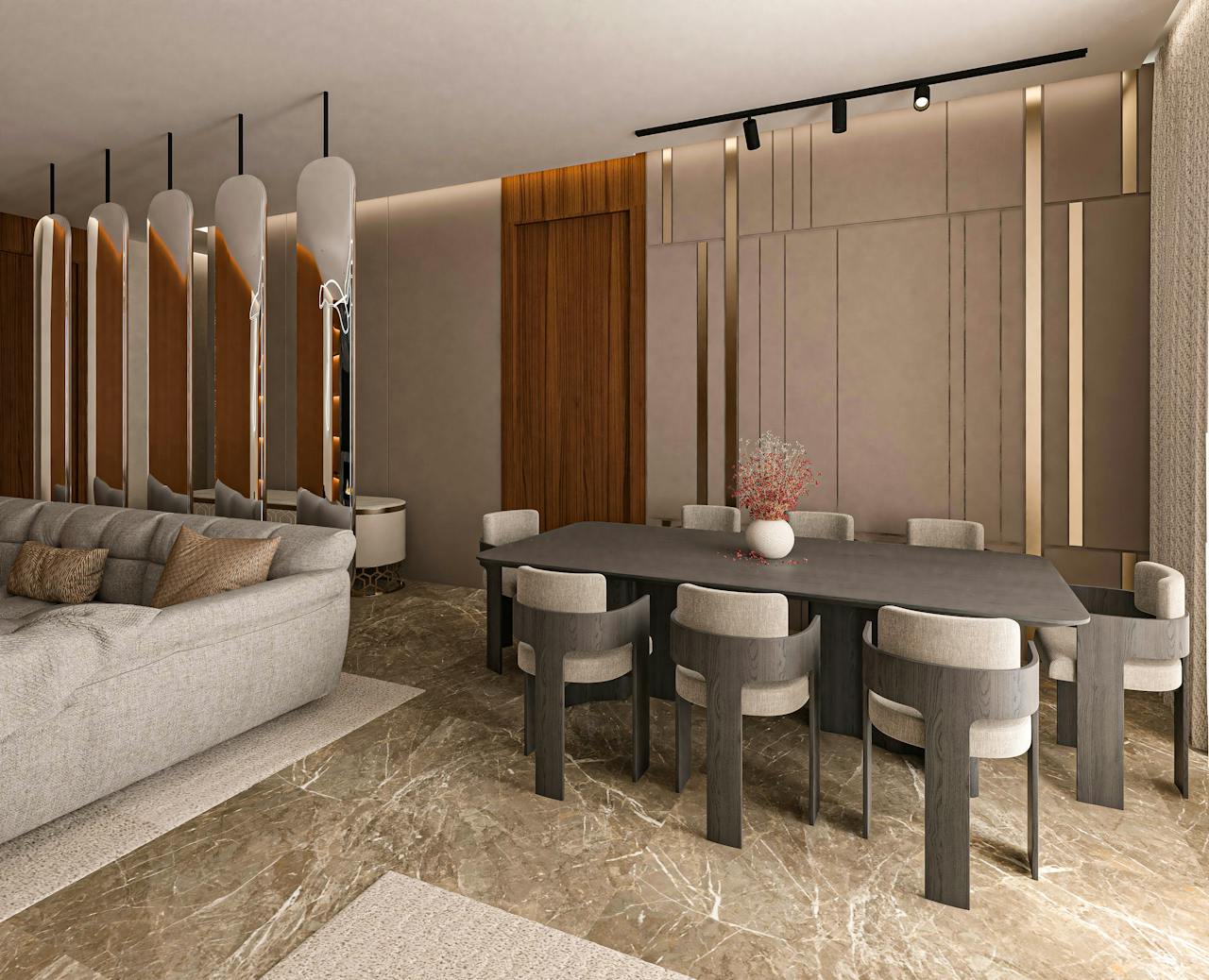 Elegant contemporary interior showcasing a luxurious dining area and cozy seating arrangement.